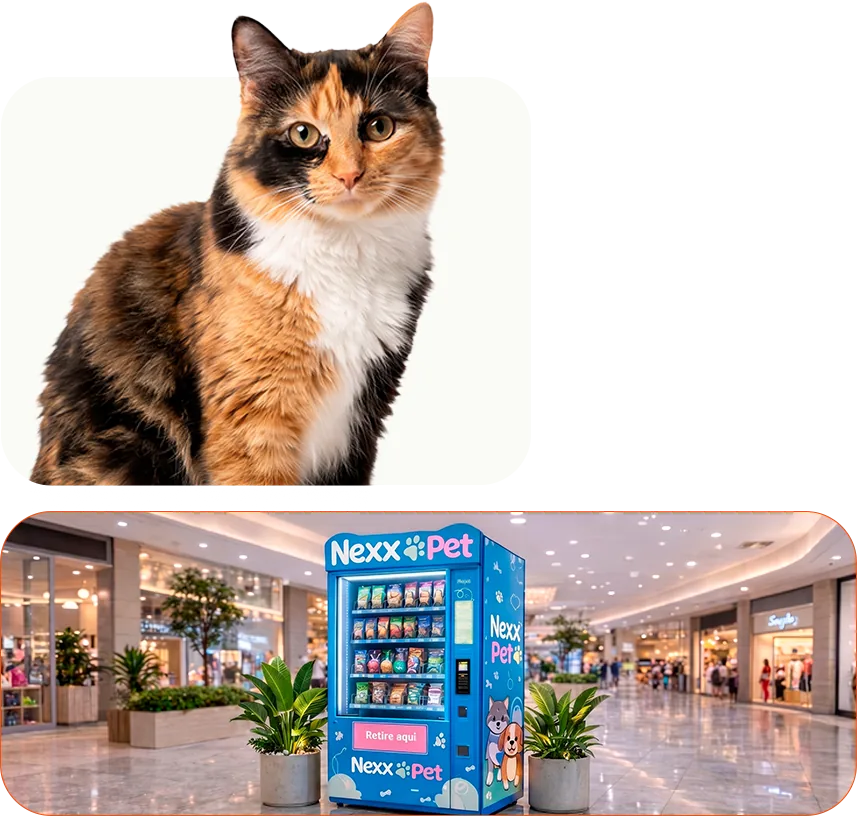 Gato ao lado da máquina de conveniência pet NexxPet instalada em um shopping